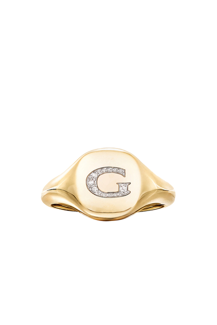 G Mini Pinky Ring, 18K Yellow Gold & Diamonds